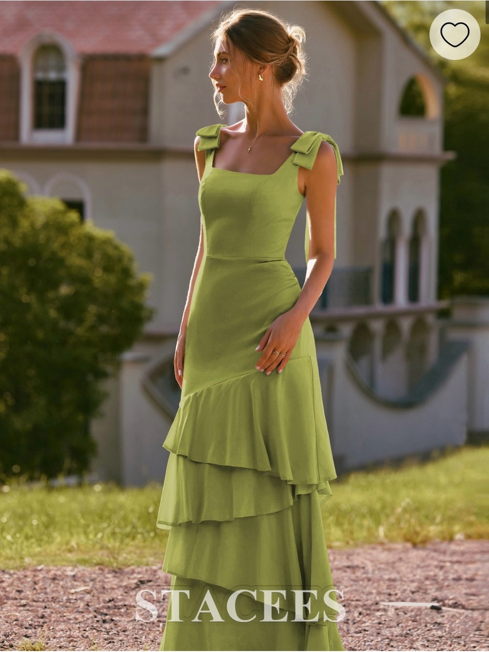 A-line Square Neckline Ruffle Straps Tiered Stretch Satin Slit Bridesmaid Dress